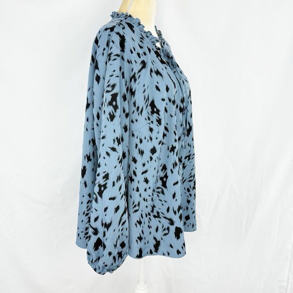Womens Plus Size 3XL Allover Print Tie Neck Blouse Long Sleeves Dusty Blue - Picture 6 of 16